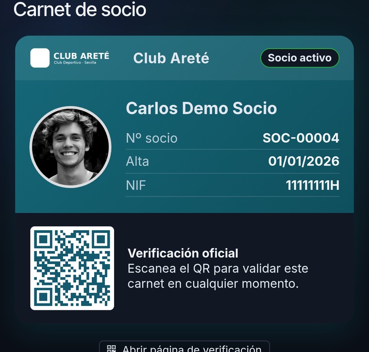 Carnet digital del socio con foto y número de socio