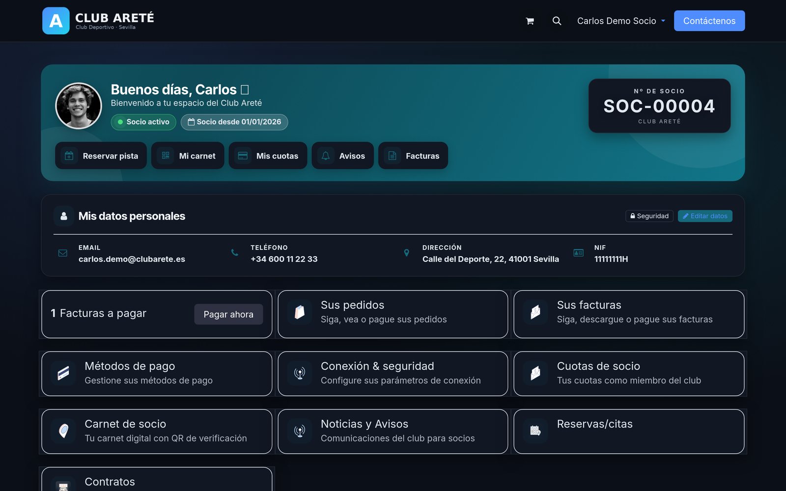 Portal del socio: hero de bienvenida, número de socio y accesos a reservas, cuotas, carnet y avisos