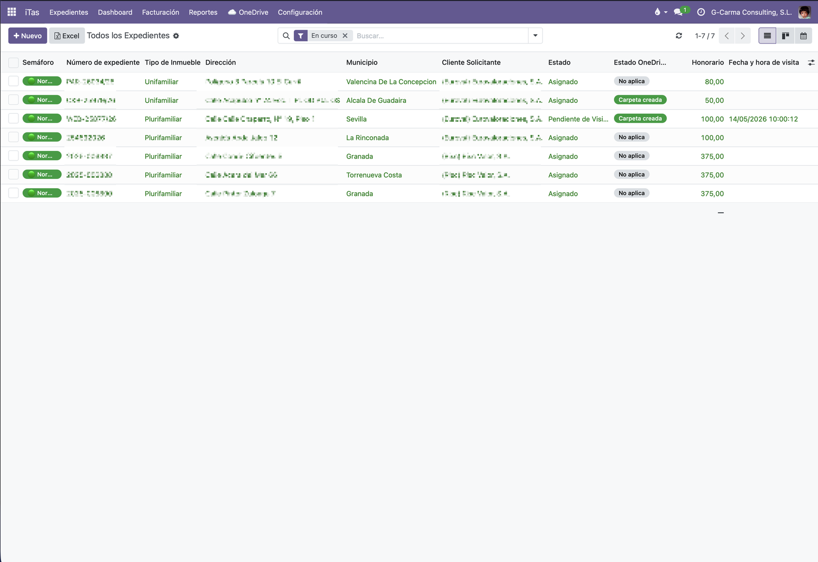 Listado de expedientes con filtros, semáforos y estado OneDrive