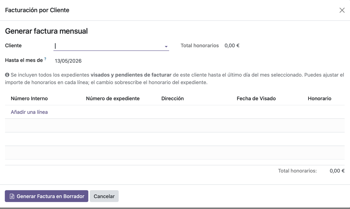 Modal de facturación mensual por cliente con detalle de expedientes visados