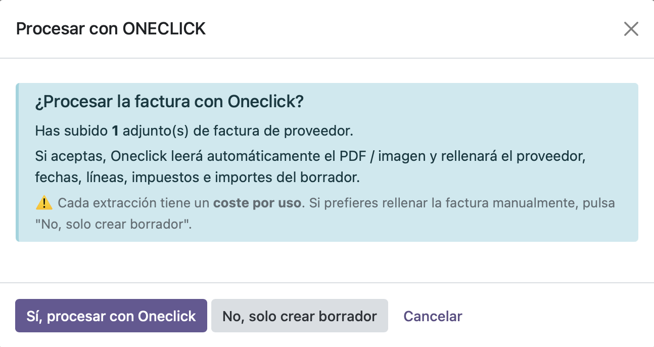 Oneclick — diálogo de procesamiento de factura de proveedor